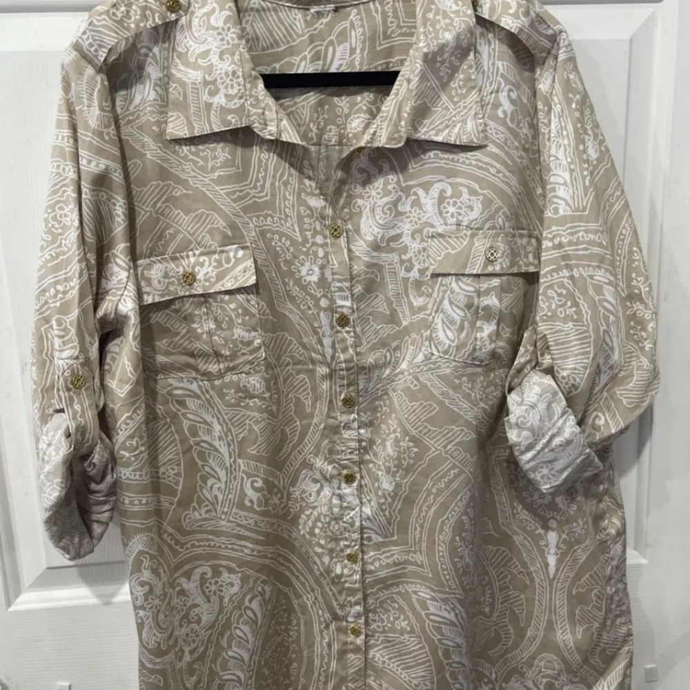 Cream Blouse with Paisley Pattern and Long Sleeves